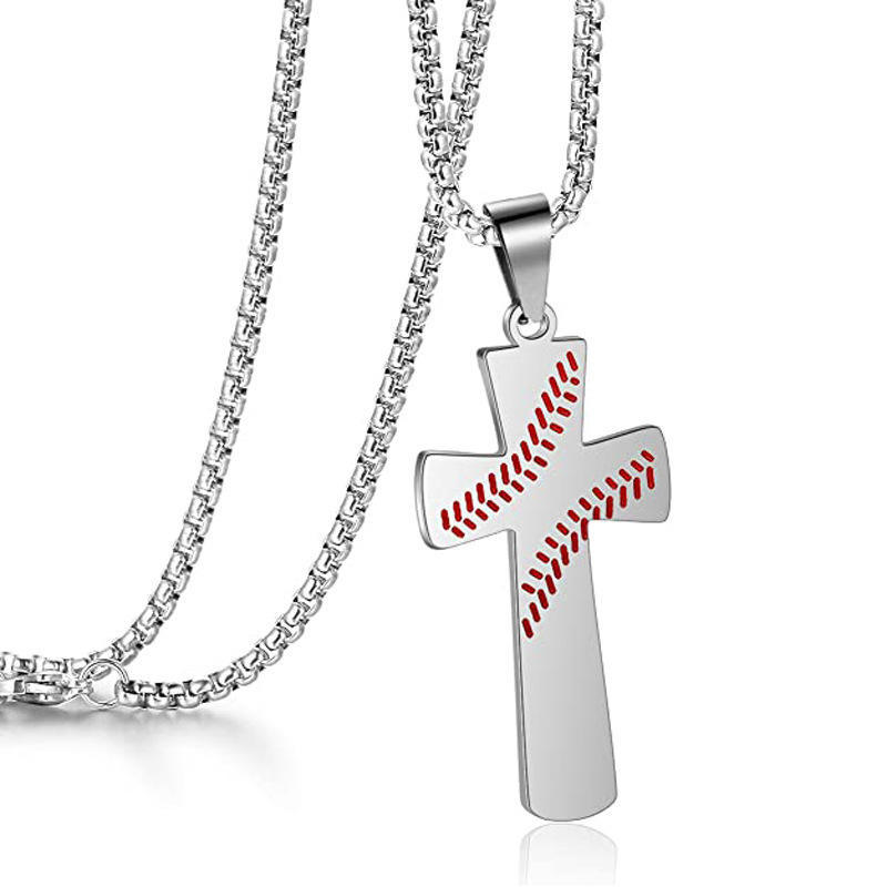 Stainless Steel Lucky Baseball Cross Chain Pendant Necklace for Men Boy