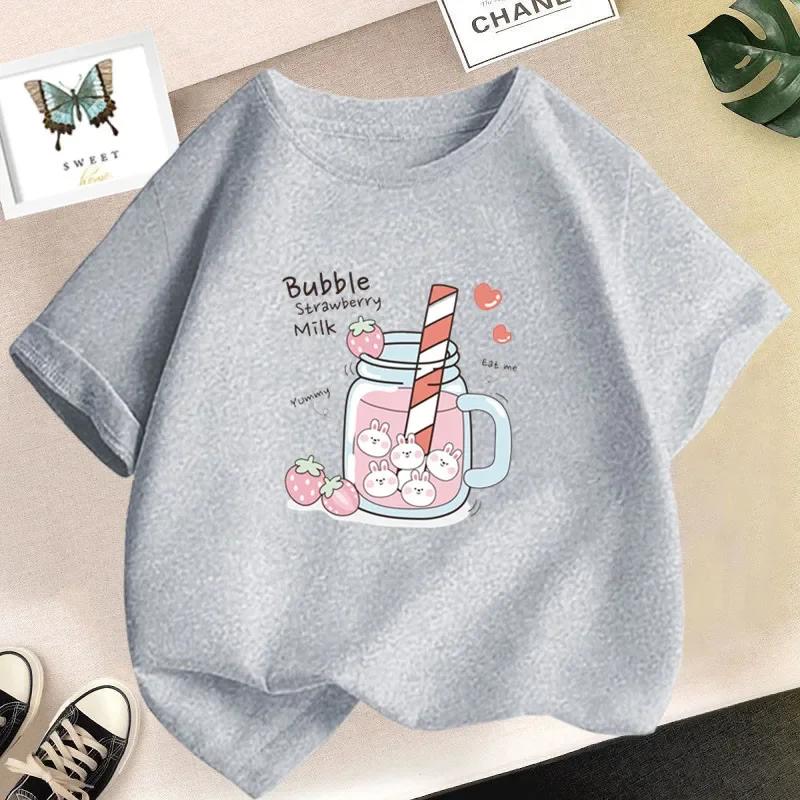 Strawberry Juice Graphic Print T-shirt Girls Aesthetic Pink Tops Tee 2024 Summer New Fashion Women T Shirt