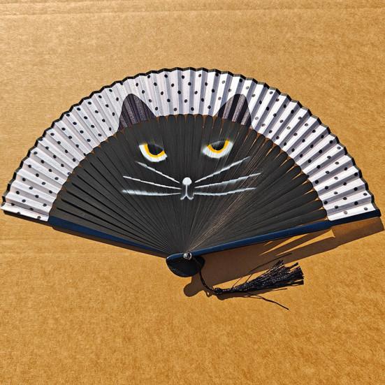Cartoon Cat Folding Fan Japanese Style Wooden Hand Held Fan