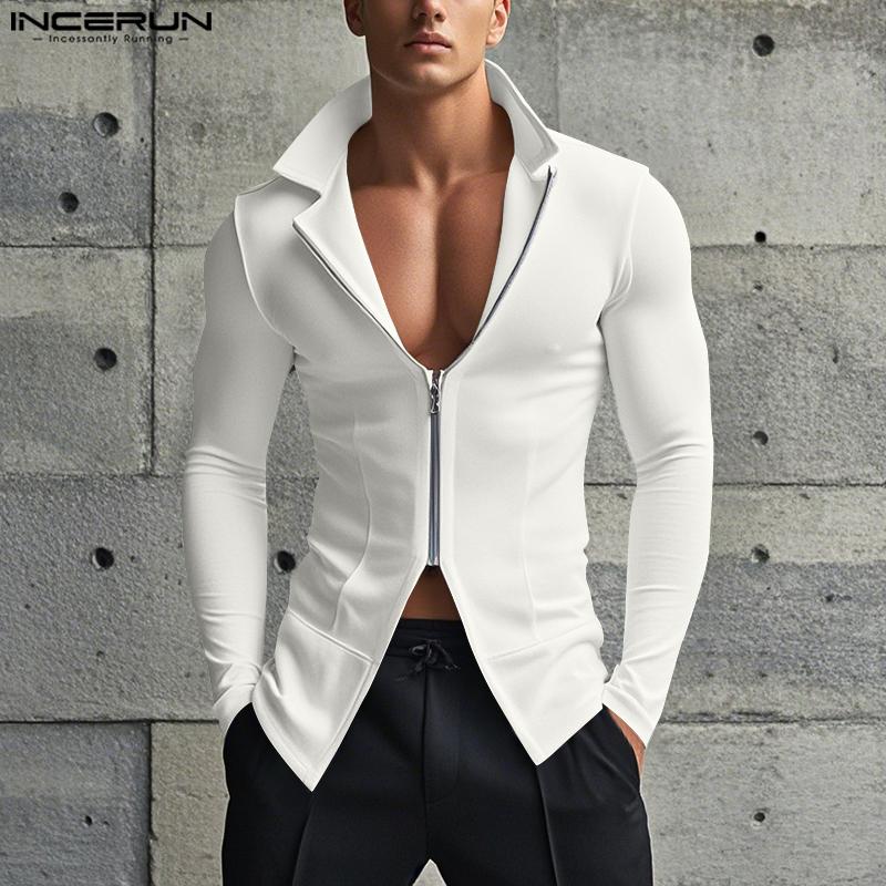 INCERUN Men Spring Stand Neck Long Sleeve Zip-up Casual Fitted Tops Undershirts