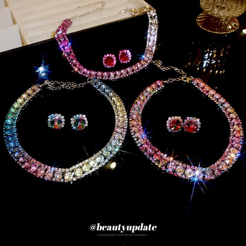 Emerald Rhinestone Square Stud Earrings & Necklace Set - Women's Luxury Jewelry with Court Style Elegance