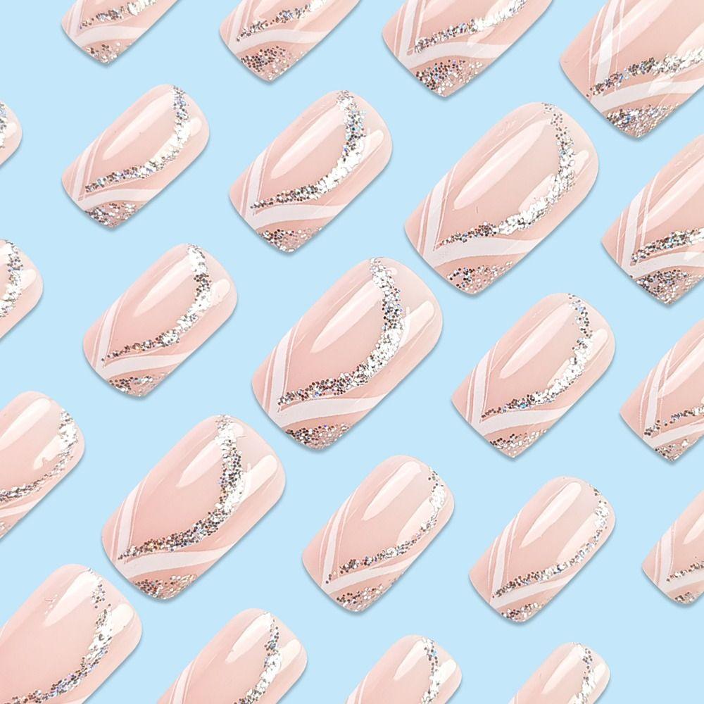 24 STÜCKE/BOX Goldene Alufolie Falsche Nagel Linie Strasssteine Aufdrücknägel Wiederverwendbare Nagelspitzen für Frauen Mädchen