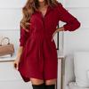 Women Dress Solid Color Turn-down Collar Vintage Single-breasted Long Sleeve Mini Dress for Work