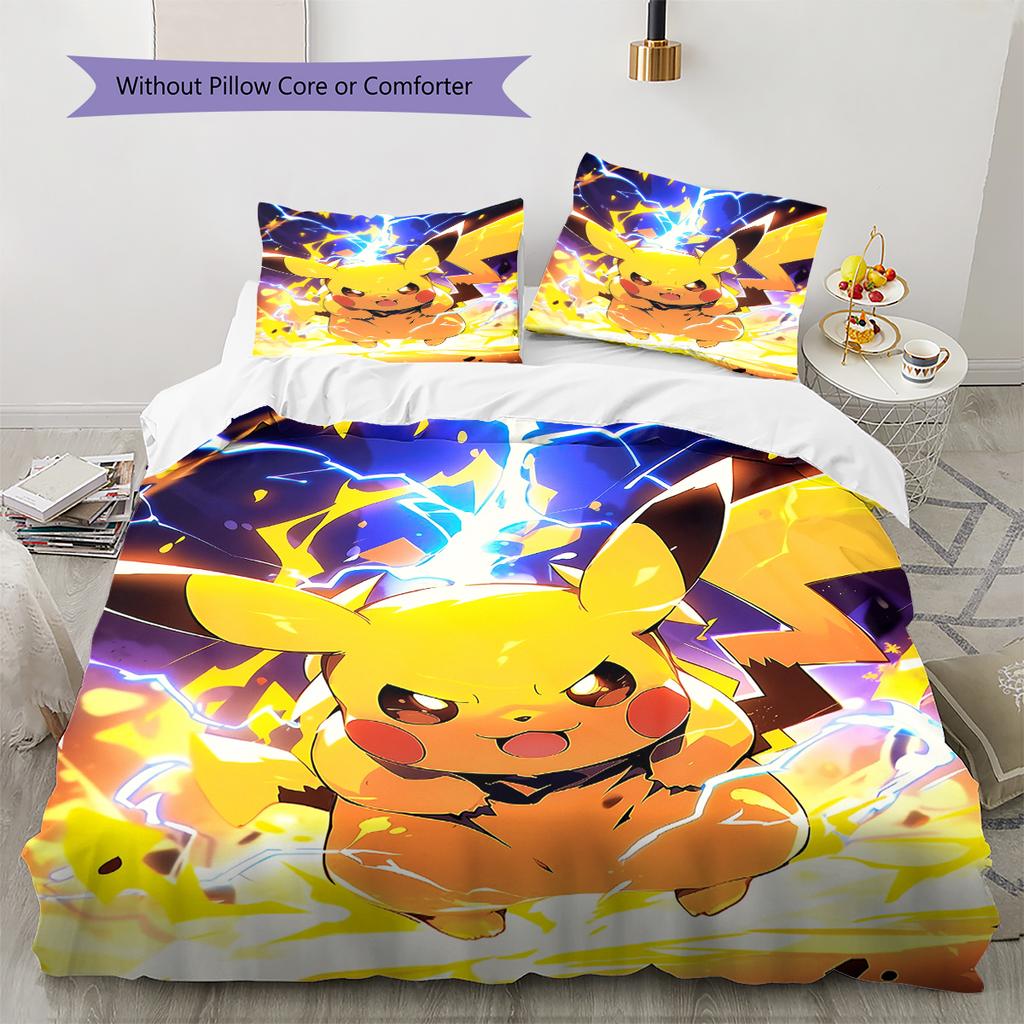 Pikachu Muster Bettwäsche Heimdekoration Geburtstagsgeschenk (1 Bettbezug + 2 Kissenbezüge, ohne Füllung)