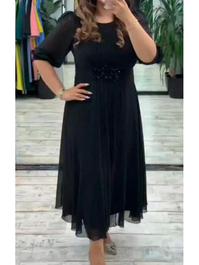 Lantern Sleeve V-Neck A-Line Pleated Maxi Dress - Elegant Waist-Defining, Solid Color Swing Style.