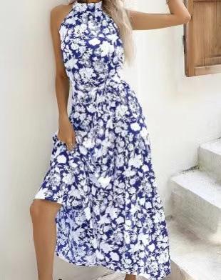 Women's long dress popular new neck polka dot printing lace-up dress