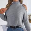 GMXIA Women's Fashion  Autumn Winter Solid Color Long Sleeve High Neck Loose Casual Off-the-shoulder Cut-out Knit Pullover Sweater