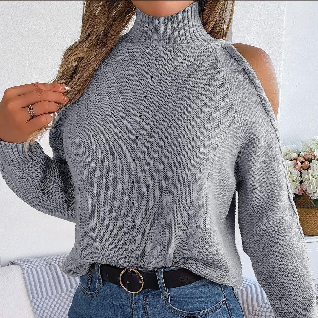 GMXIA Women's Fashion  Autumn Winter Solid Color Long Sleeve High Neck Loose Casual Off-the-shoulder Cut-out Knit Pullover Sweater