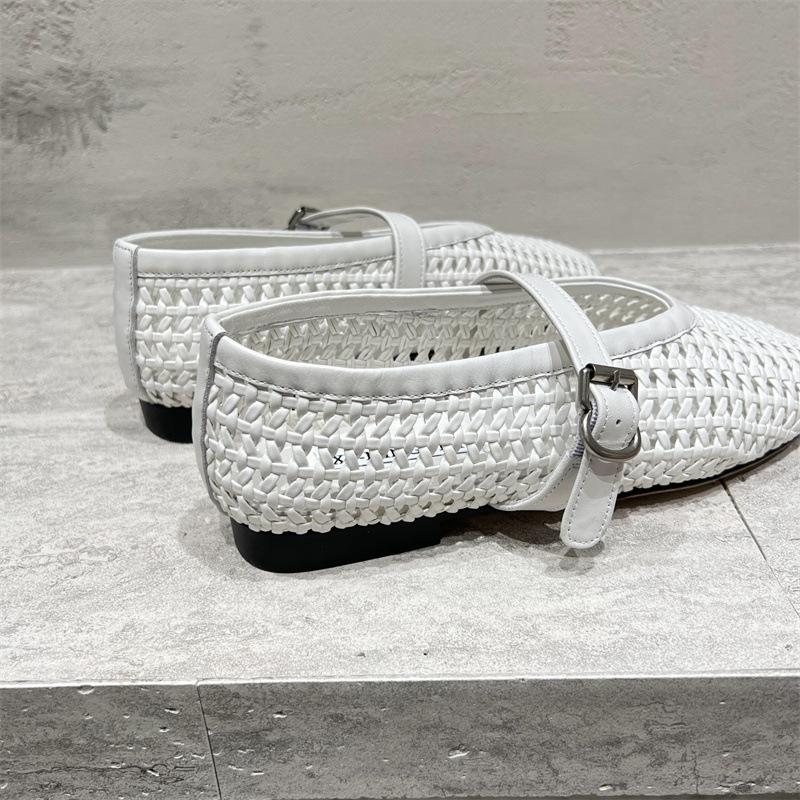 2025 New Spring and Summer Leather Shallow Mouth One-word Buckle Belt Hollow Round Head Flat Bottom Inner Single Shoe Women's Ballet Leather Shoes