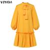 VONDA Women Plus Size Stand Collar Tie Decorated Long Sleeve Solid Color Dresses