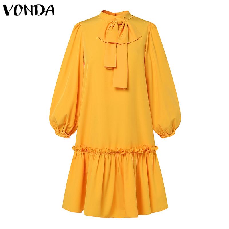 VONDA Women Plus Size Stand Collar Tie Decorated Long Sleeve Solid Color Dresses
