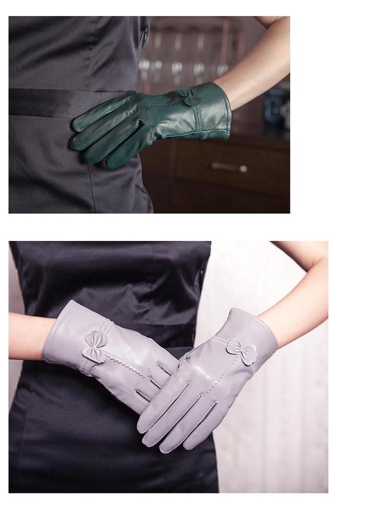 Women's Winter Bow Leather Gloves: Thick Velvet, Windproof, Waterproof, Warm Cycling Gloves