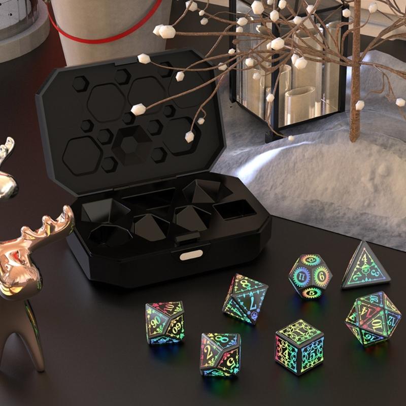 7 Pcs LED Light Electronic Dices with Charging Box Rechargable Glowing Polyhedral Dices Table Game Dices Durable