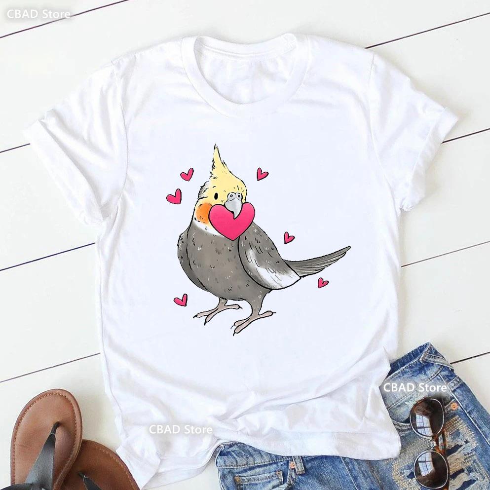 Cute Cockatielsparrot Bird Lovers Print T Shirt Girls Sunflower Flowers Tshirt Unisex Harajuku Kawaii Clothes Summer Tops Tee