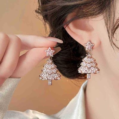 Rosa Zirkon Stern Weihnachtsbaum Ohrstecker - Elegantes High-End Europäischer & Amerikanischer Feiertags-Ohrschmuck