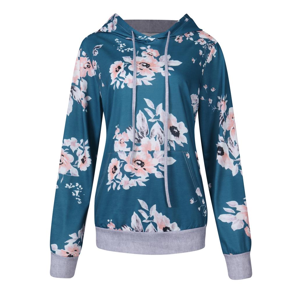 Women's Fashion Printed Hooded Long Sleeve Loose Tops Blouses Sweater