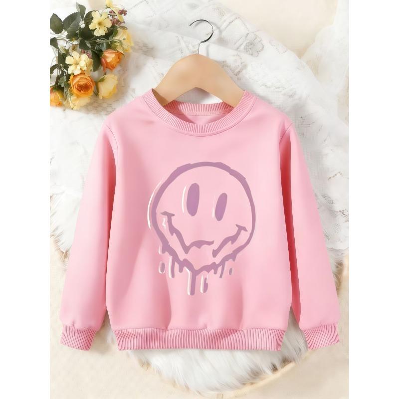 Unisex Kids Crewneck Sweatshirt, Pink Drip Melting Smiley Face Print Pullover, Boys Girls Streetwear Casual Sweatshirt For Kids Over 4 Years Old