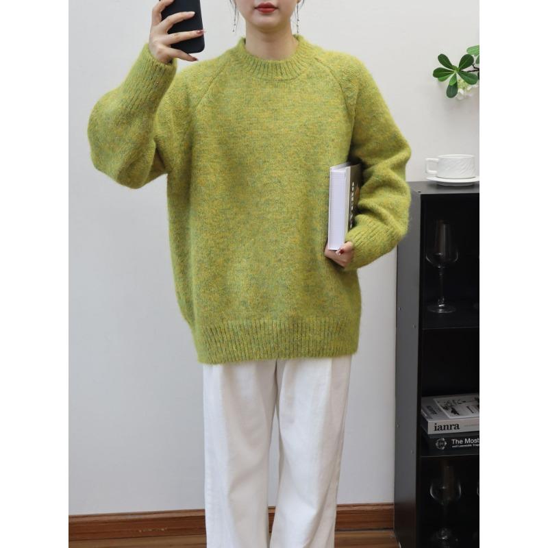 

Осень и зима новый свитер пуловер с круглым вырезом, пайетками, свободный и тонкий, ленивый ветер, вязаный свитер топ женский One size желто-зеленый