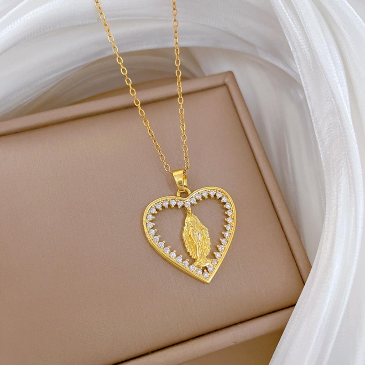 

Fashion Virgin Mary Zircon Love Heart Pendant Necklaces for Women Men Stainless Steel Chain Collar Jewelry Accessories Gifts