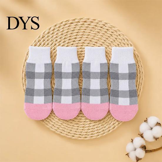 Non-slip Cotton Paw Grips 4Pcs Plaid Dog Socks, Anti-Slip Pet Covers with Adjustable Socks to Prevent Scratching Straps, Breathable Ribbed Protectors
