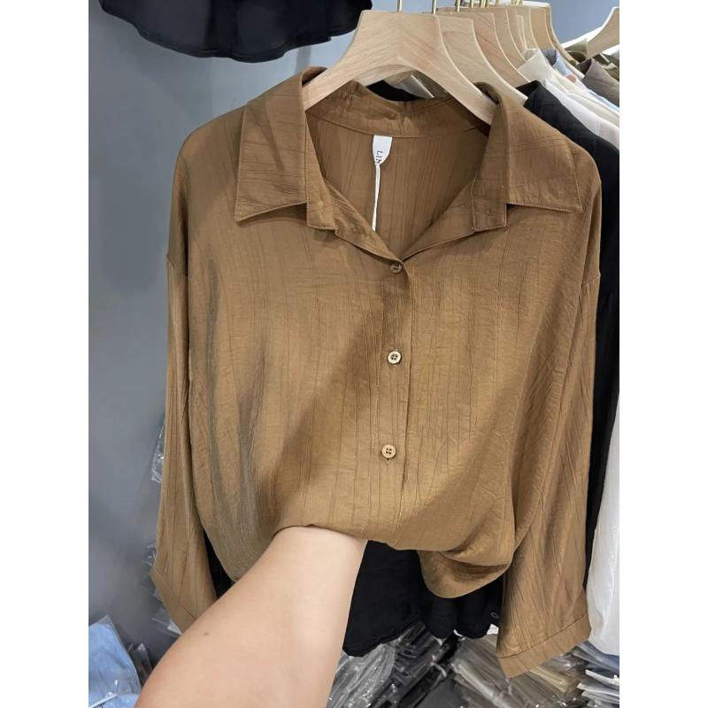 Women s Loose Fit Long Sleeve Shirt Casual Textured Fabric Button Down Lapel Blouse Lightweight Daily Top S коричневый
