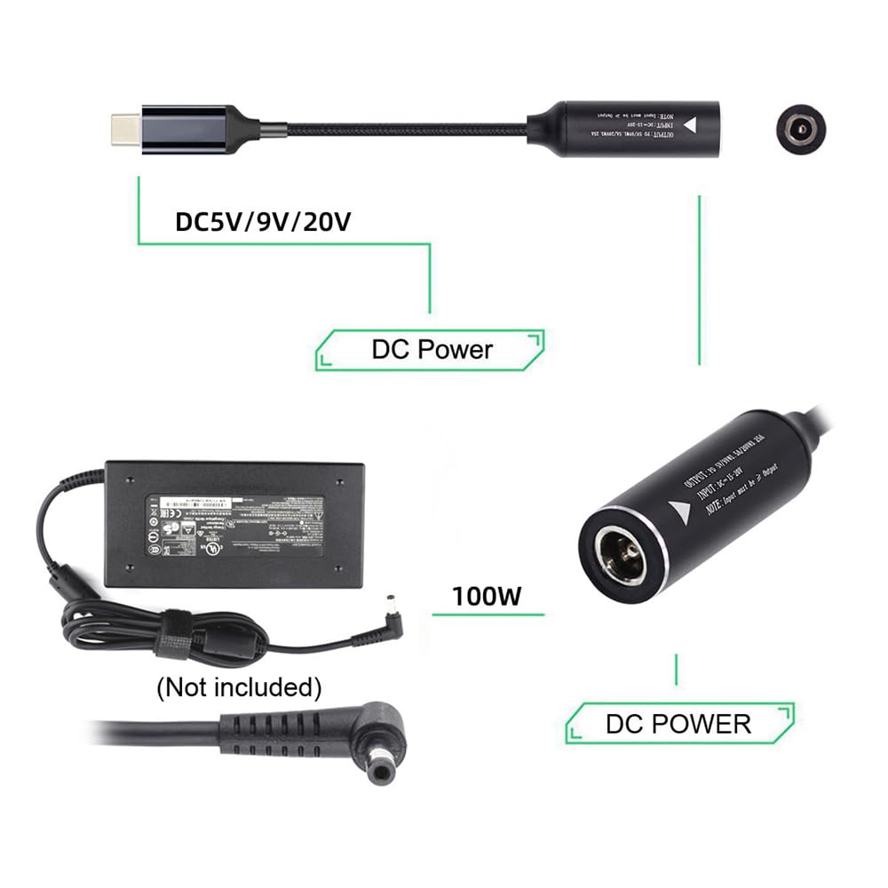 NFHK Kabel DC-uttag Ingångseffekt 100W Laddningskabel för Bärbar Dator Telefon PD9V 5V 20V 5.5x2.1mm USB-C Typ-C