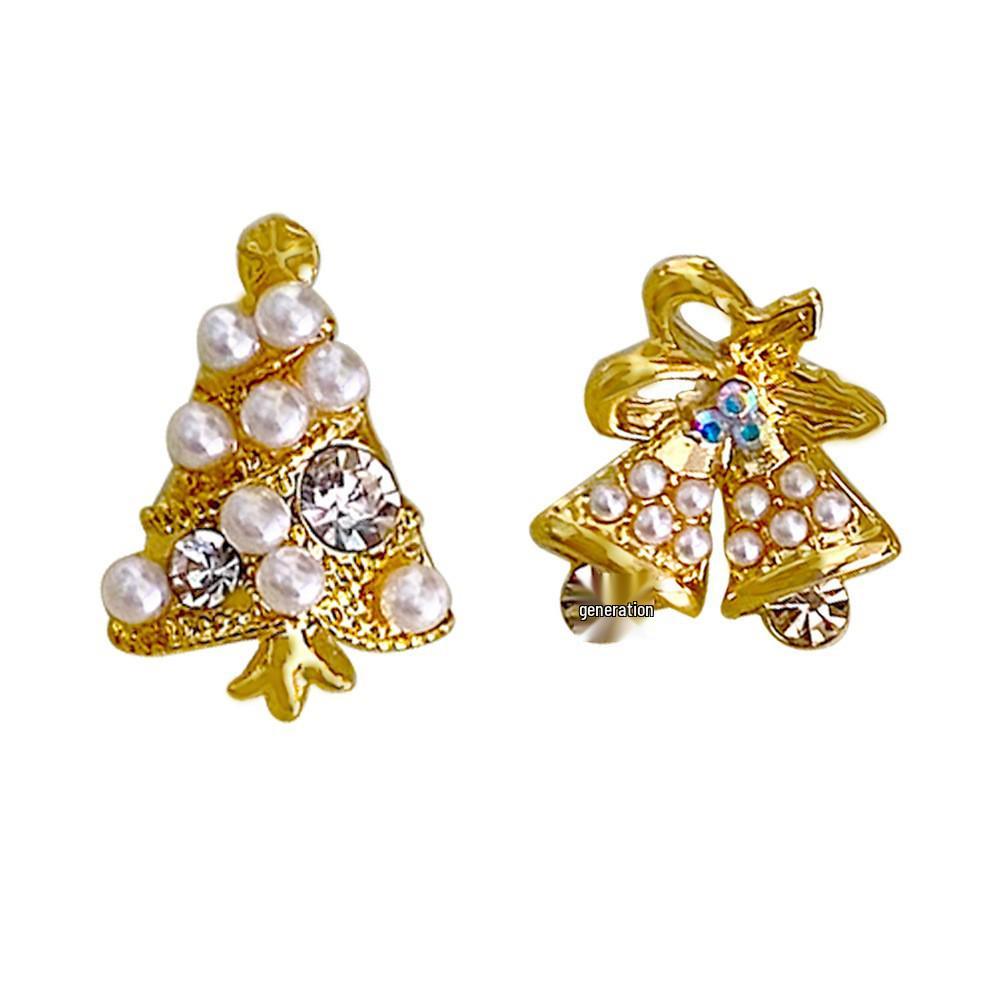 Korean Design Pearl & Jingle Bell Gold-Plated Christmas Tree Stud Earrings
