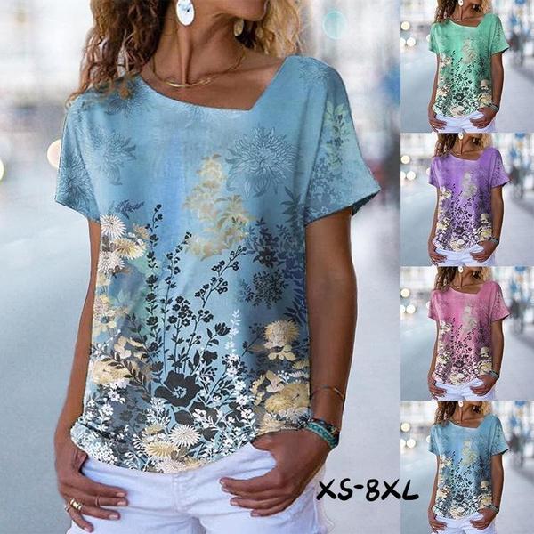 

Женские повседневные летние топы, модная одежда больших размеров, футболка с коротким рукавом, женские блузки с v-образным вырезом и цветочным принтом, хлопковые свободные футболки