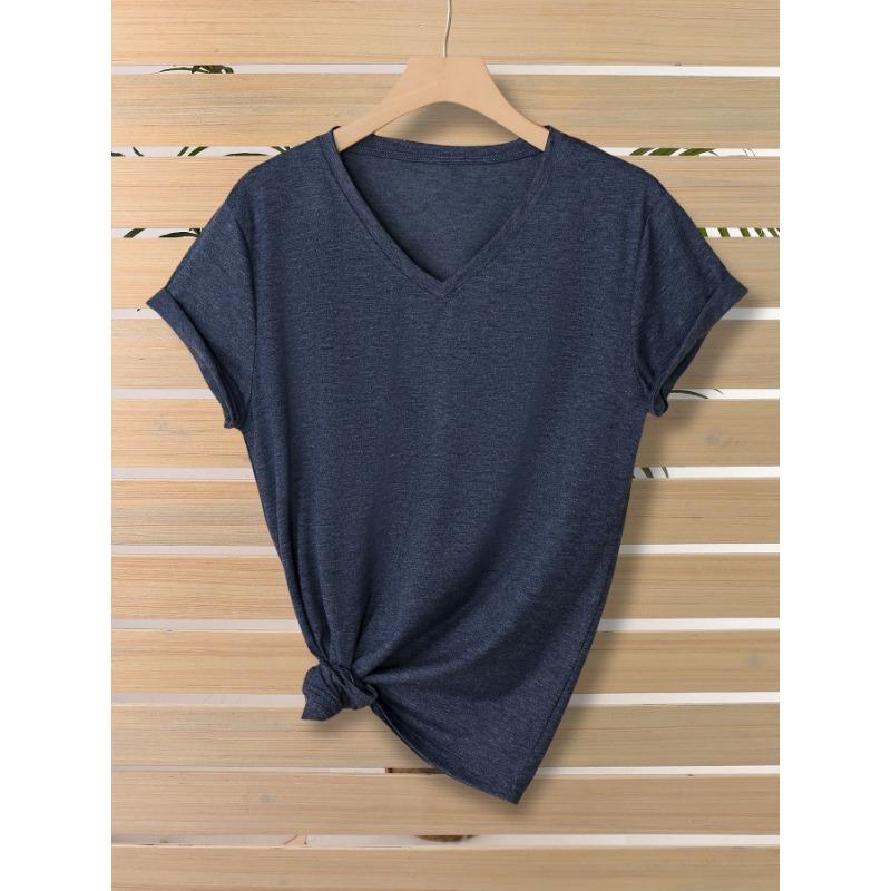Fashionable Simple Versatile Pure-colored V-neck Short-sleeved Women's T-shirts