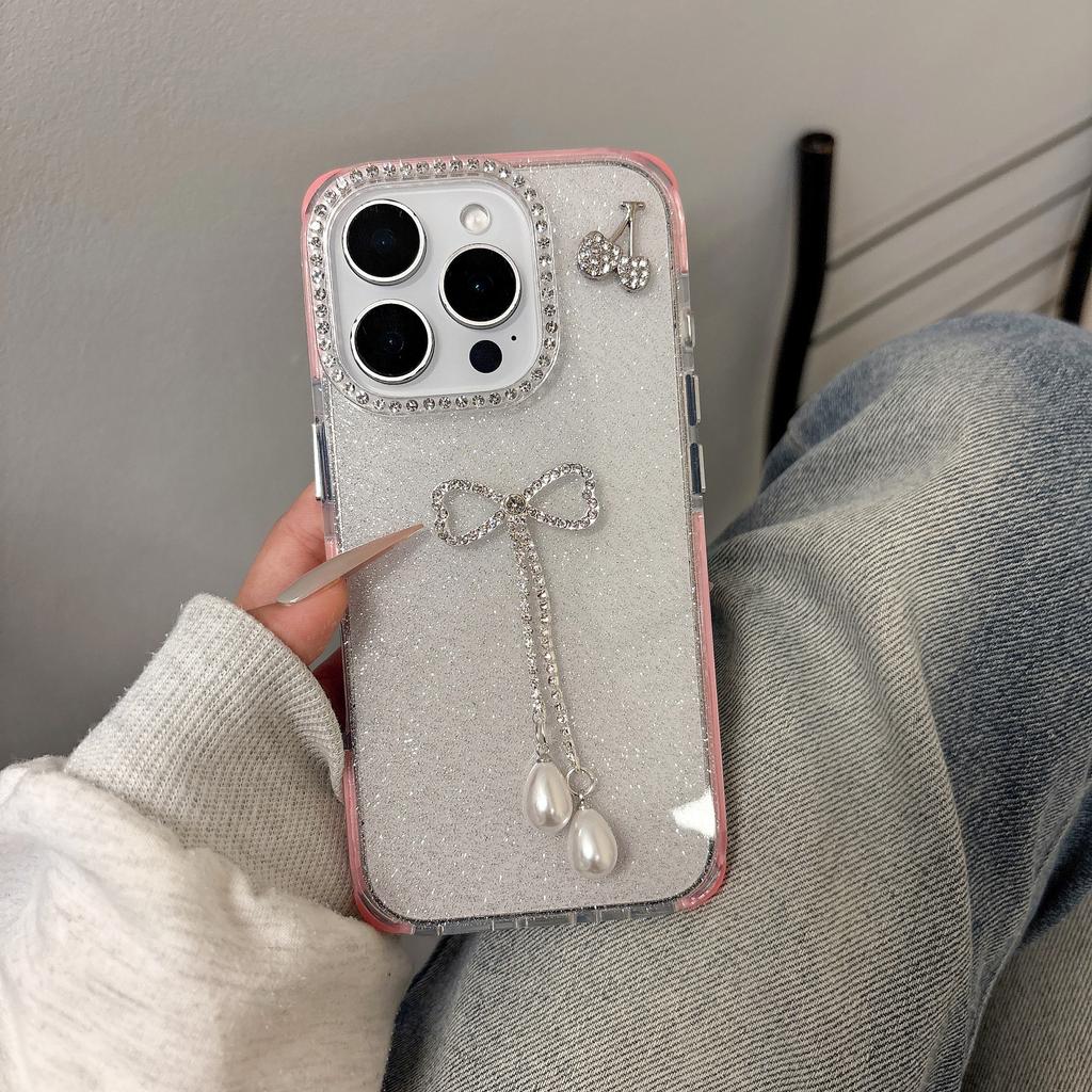 For iPhone 16 Pro Max Case Rhinestone Decor Glitter TPU Phone Cover with Bow Tassel