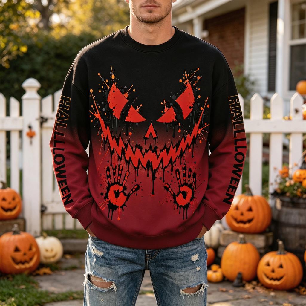 Men's Halloween Printed Neck Long Sleeve Casual Sweatshirt