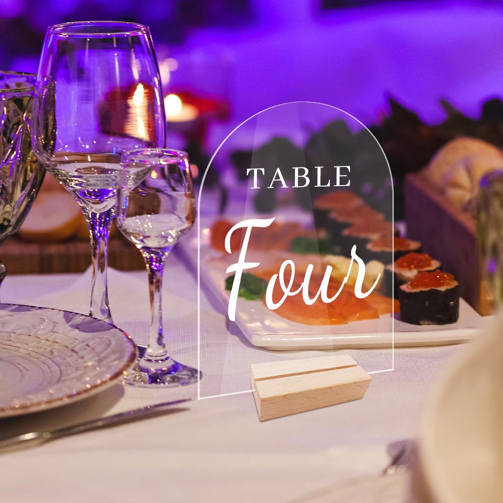 Transparent Acrylic Wedding Table Number Signs: Hexagonal, Rectangular, and Round DIY Seating Cards.