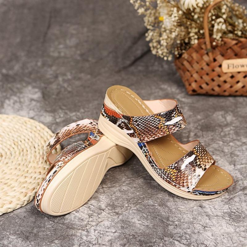

Summer new casual round head leopard print snake pattern high heel women s wedge heel slippers large size 35