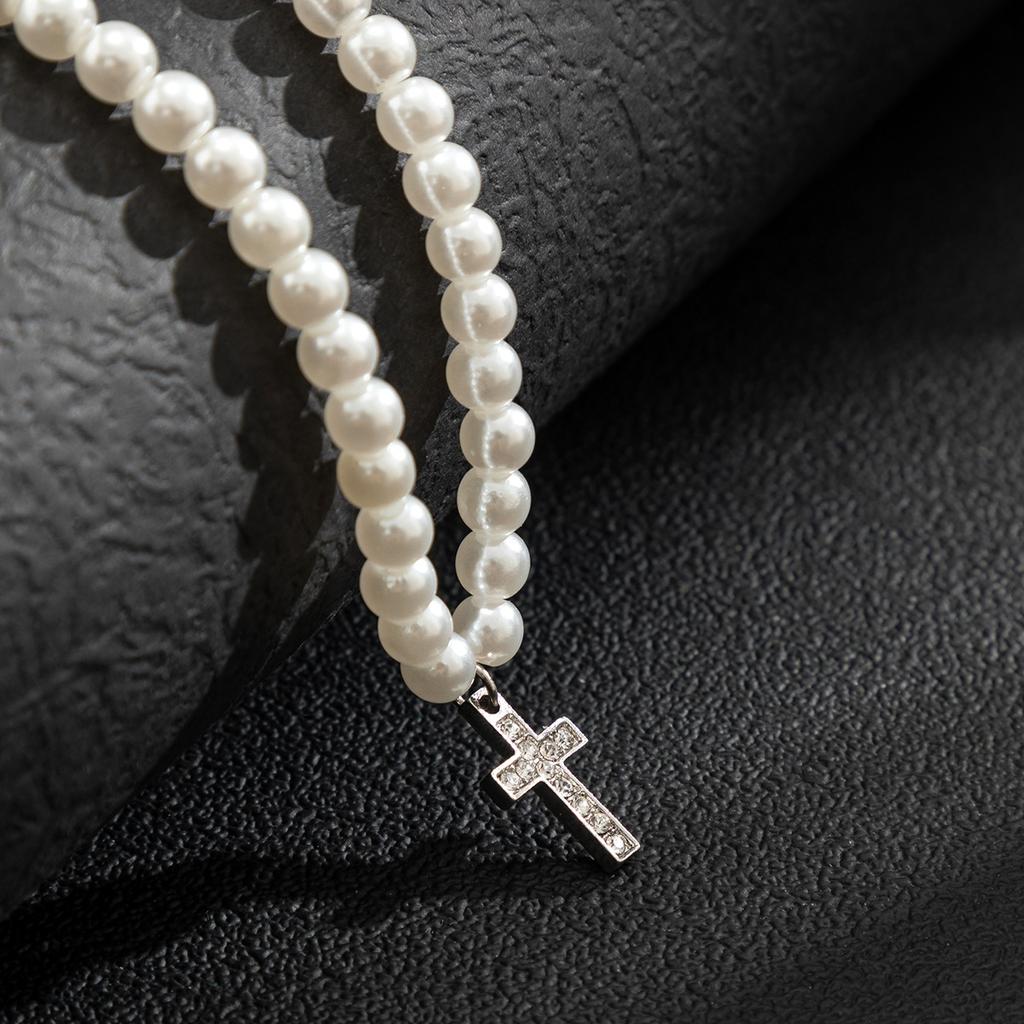 Vintage Pearl Cross Pendant Necklace For Men Women Punk Gothic Hiphop Jewelry Beads Chain Trendy Neck Accessories Christian Gift