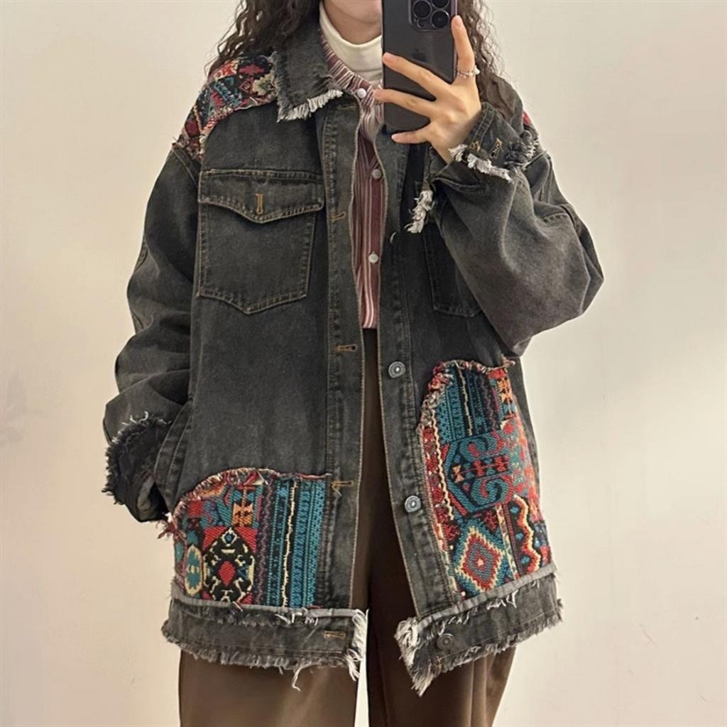 Women's Long-Sleeved Retro Ethnic Vouple Denim Jacket