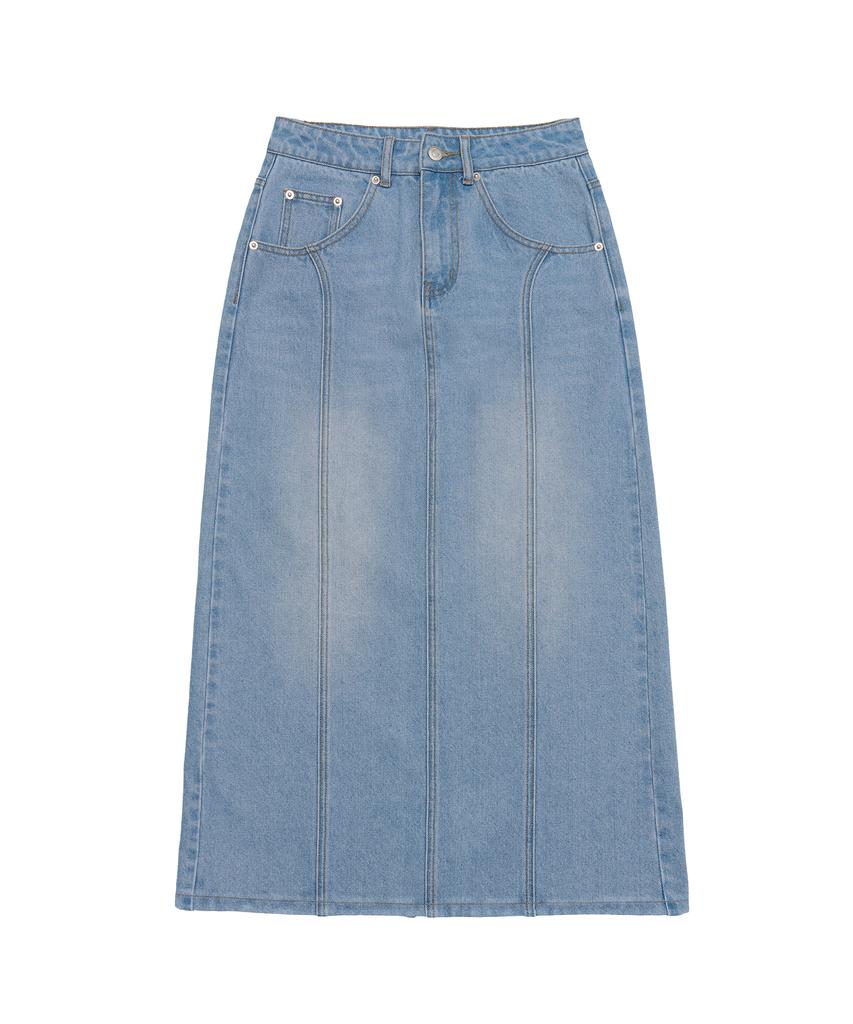 AMES-WORLDWIDE Curved Line Denim Long Skirt Light Blue