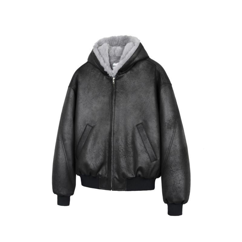 2025 Frost Crack Pattern Faux Mink Hooded PU Leather Jacket Extra Large