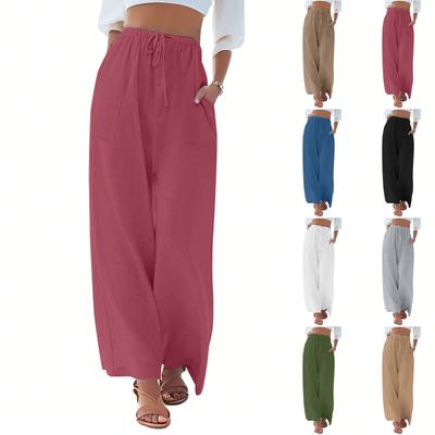 Women's Summer Elastic Waist Solid Color External Pocket Cotton And Linen Loose Pants