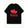 Oversized T Shirt Black Two Red Hearts And Habibi Text Print Casual Streetwear Fashion For Women