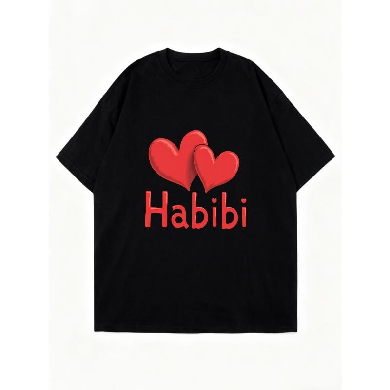 Oversized T Shirt Black Two Red Hearts And Habibi Text Print Casual Streetwear Fashion For Women