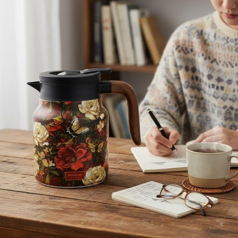 Premium Thermal Florals Teapot 1000ml Removable Infuser Stainless Steels Body And Ergonomic Wooden Handle Teas Kettle