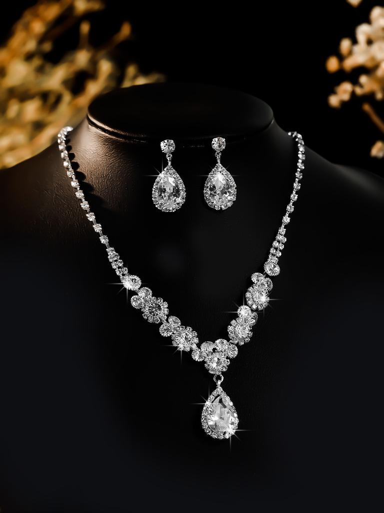 Conjunto de Colar e Brincos de Diamante de Luxo Acessórios para Festa Vestido de Casamento Jantar Corrente de Colar e Brincos de Strass da Moda para Meninas
