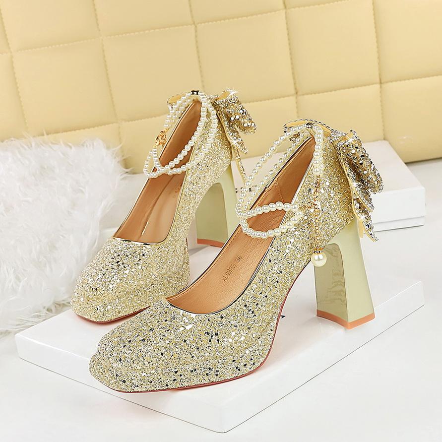 Sweet Pearl Straw High Heels Women's Water Diamond Bow Square Head Waterproof Platform Coarse Straw Shoes