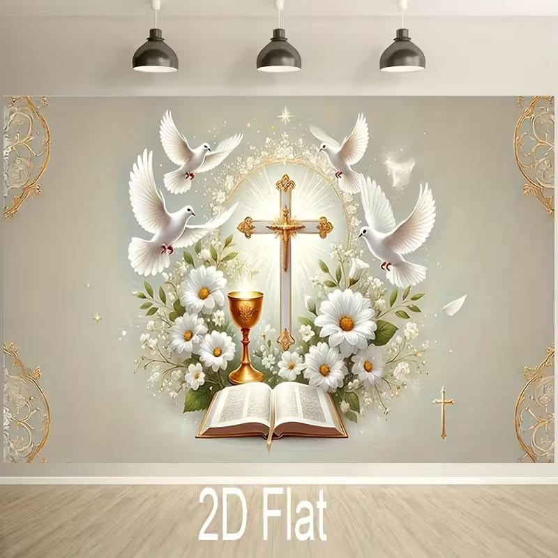 2D Baptism Cross & Bible Backdrop, 2D White Dove Communion Party Decor
