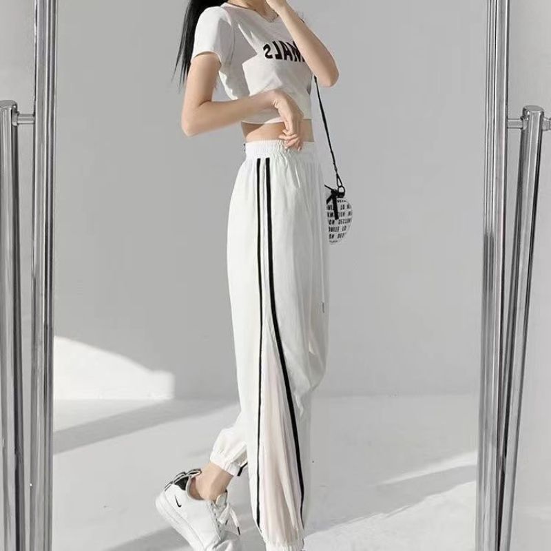 2024 Summer Loose Casual Sports Style Drawstring Elastic Waist Color Blocking Mesh Patchwork Ankle Tied Harlan Pants for Women