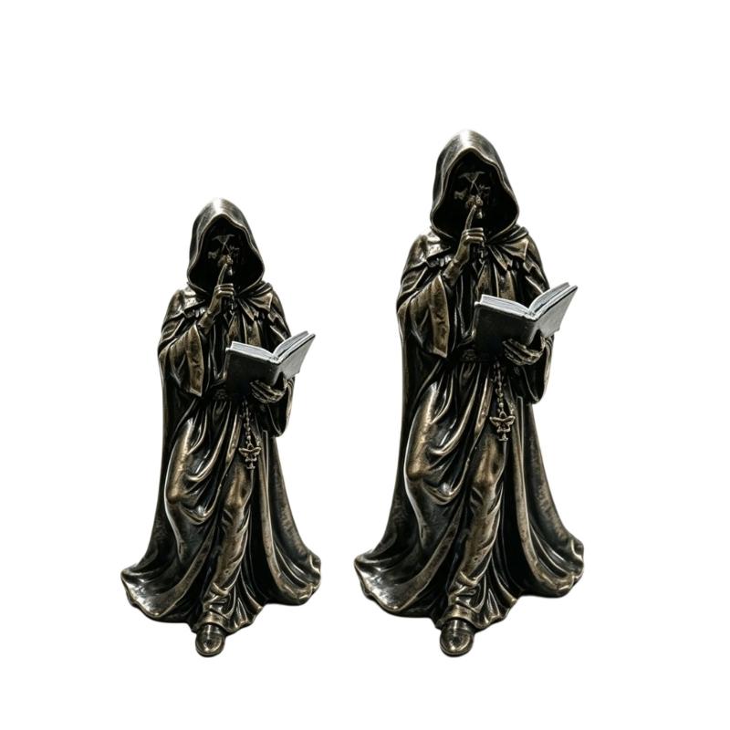 Tabletop Resin Sculpture with Hooded Character, Open Spell Book, and Bronze Style Finish for Shelf Display Use