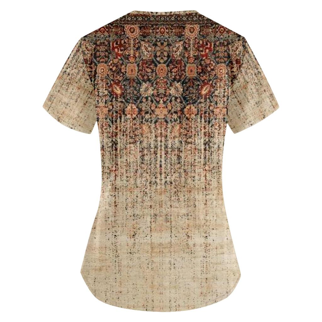 Modische bedruckte Damen-Arbeitsuniform mit Taschen-T-Shirt, kurzärmeliges Oberteil