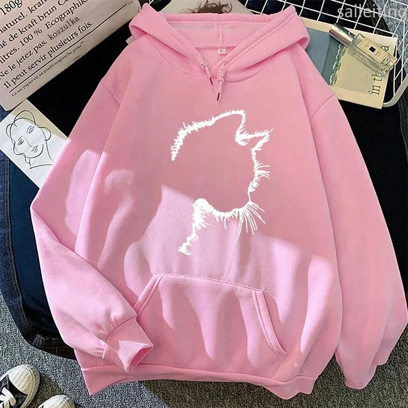 Autumn Winter Womens Sweatshirts Cute Cat Printing Casual Kangaroo Pocket Hoodies Sports Pullover Tops Daily Aesthetic Clothes