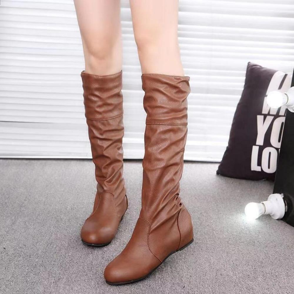 Frühling Herbst Mid-Calf Stiefel Damen Flache Schuhe Damen Hohe Stiefel Lange Western Cowboy Stiefel Damen Schuhe Große Größe 35-43