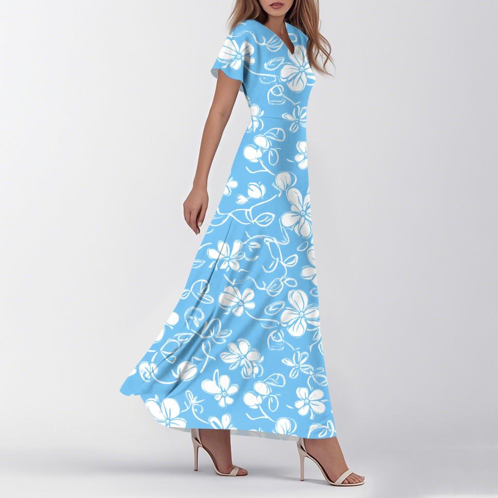 Women's Summer Casual Fashion Flower Dresses V-Neck Short Sleeve Dresses